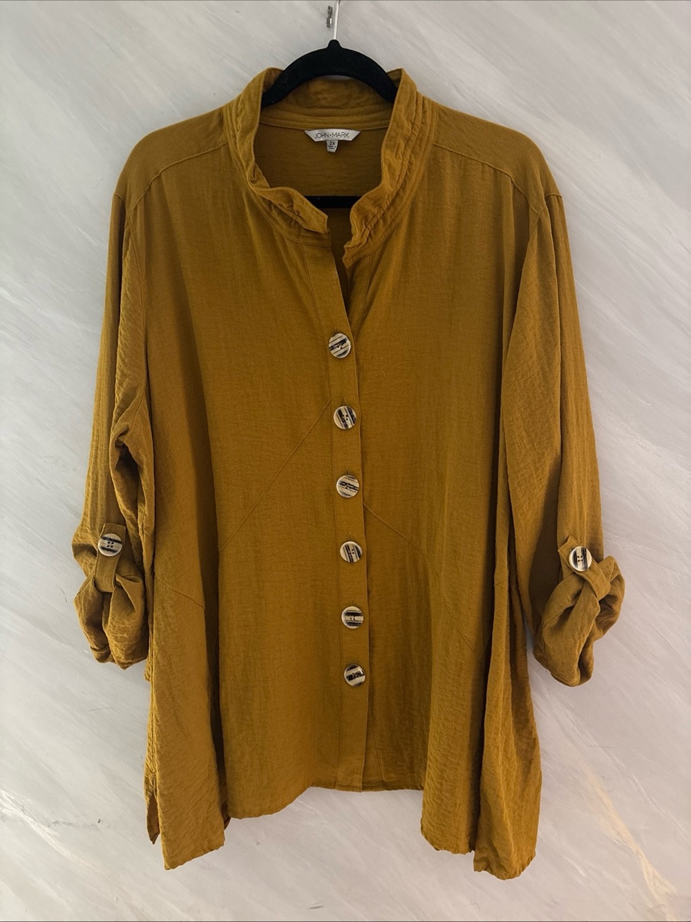 John Mark 2X Mustard Yellow Wire Collar 3/4 Sleeves Tunic Blouse Lagenlook,Artsy